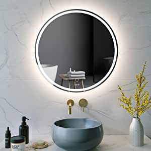 Espejo de Baño Redondo, Temperatura de Color Ajustable, Luz antiniebla, con Botón Táctil Inteligente